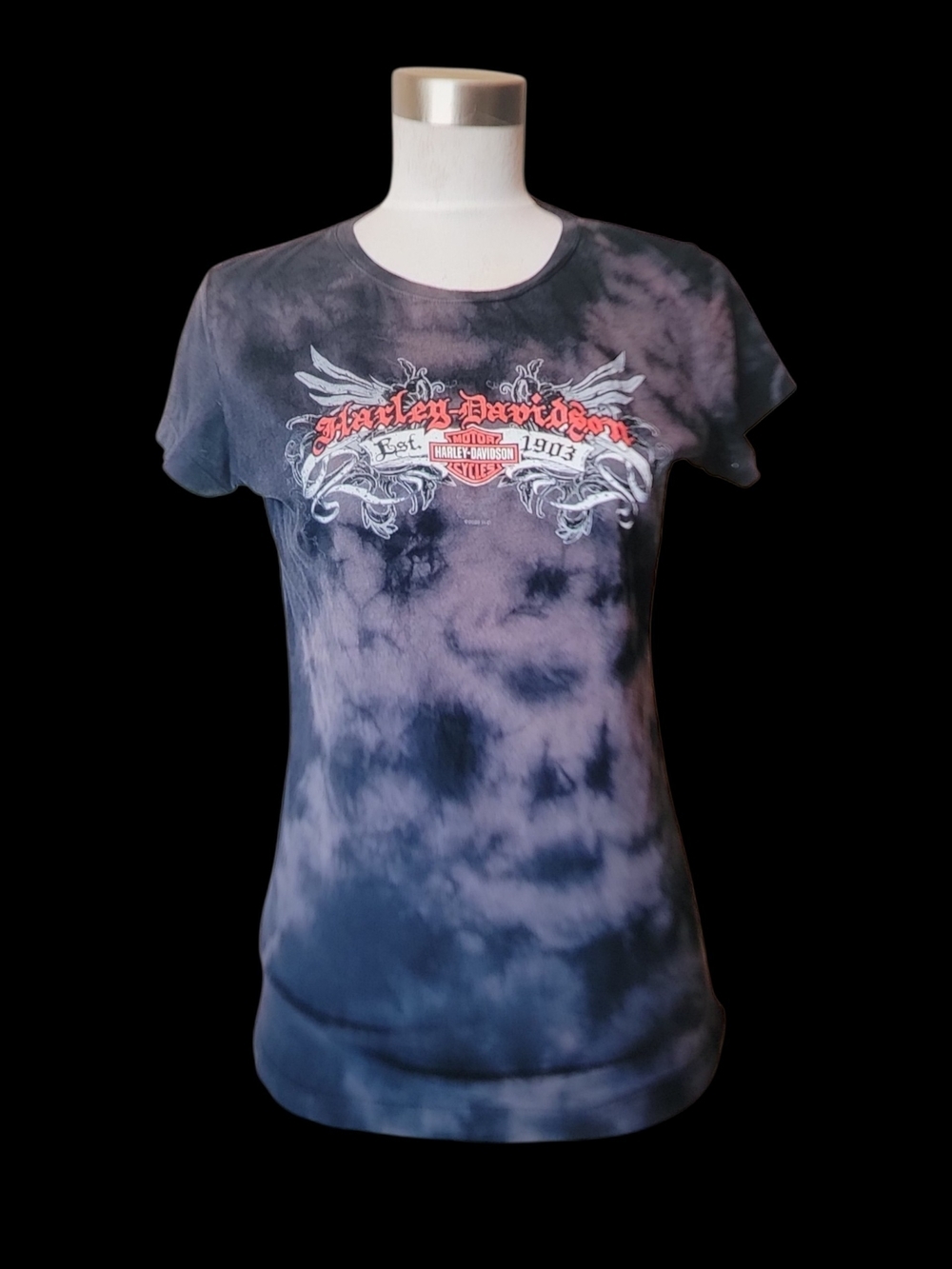Harley-Davidson Women's size M Black & Gray Tie-Dye Graphic Tee with Red Logo